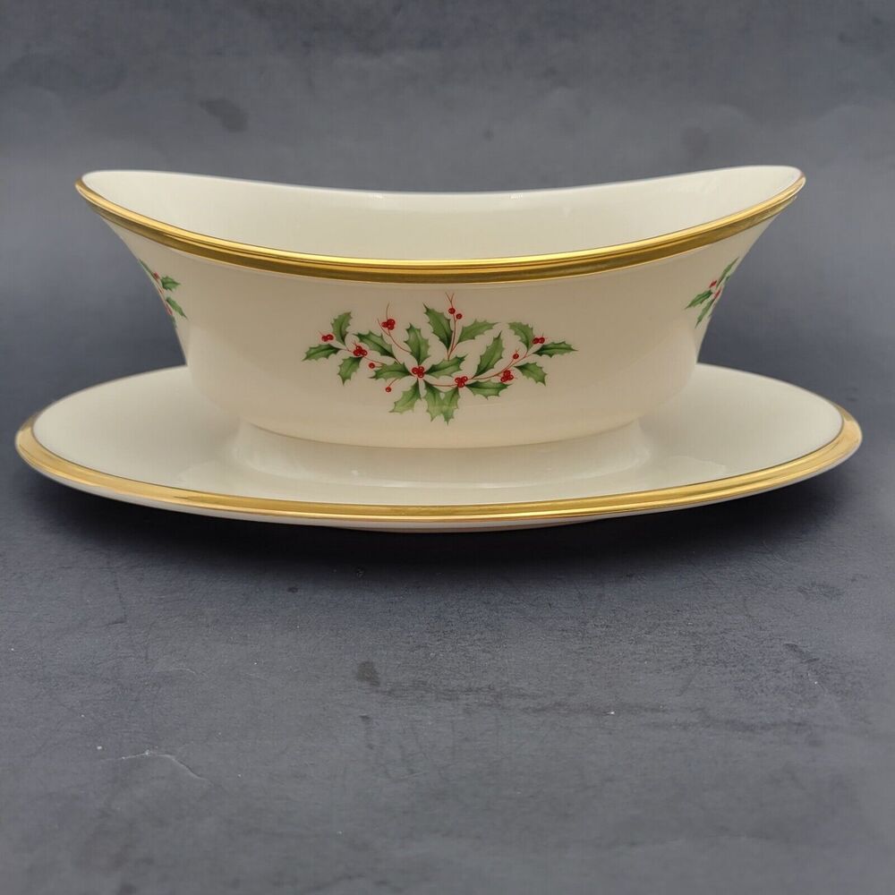 LENOX Holiday Gravy Boat Attached Underplate Holiday Holly Made in USA 24K Gold